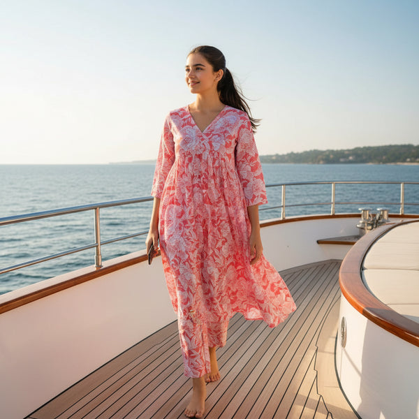 Anarkali Style Tunic with Floral Block Print and Matching Tapered Trousers