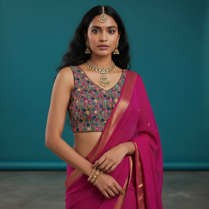 Embroidered Cotton Silk Geometric Blouse