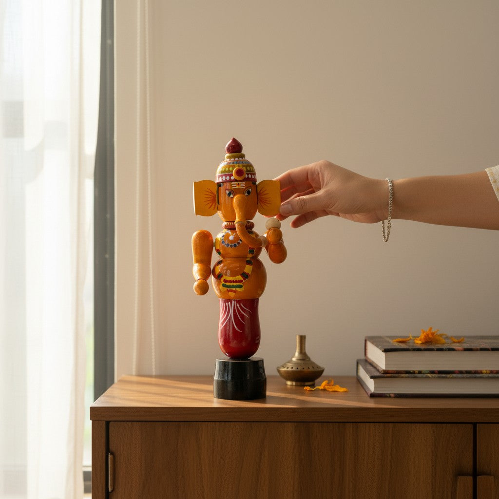 Handcrafted Wooden Ganesh Idol - Vibrant Home Decor