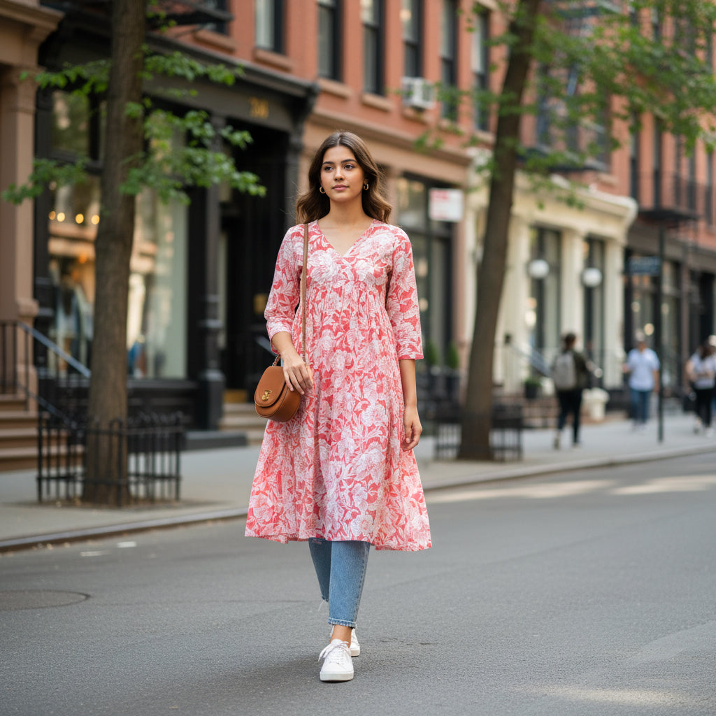 Anarkali Style Tunic with Floral Block Print and Matching Tapered Trousers