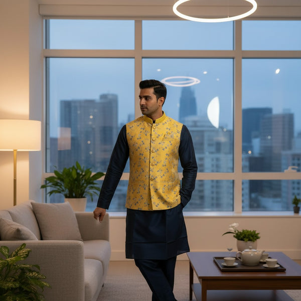 Men Navy Blue 3 Piece Kurta Set