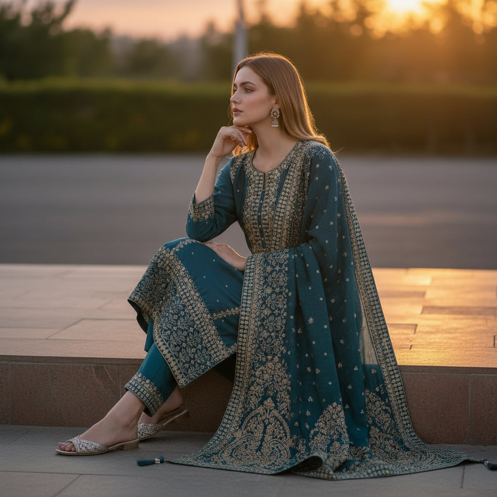 Silk Blend Kurta Set with Geometric and Floral Embroidery