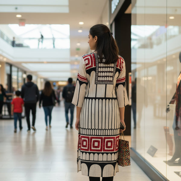 Cream Black Geometric Arch Kurti with Maroon Border