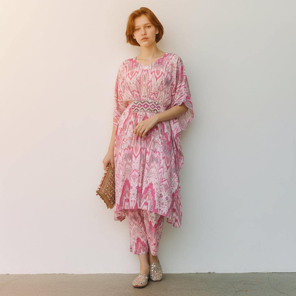 Chiffon Ikat-print Kaftan Top Trousers