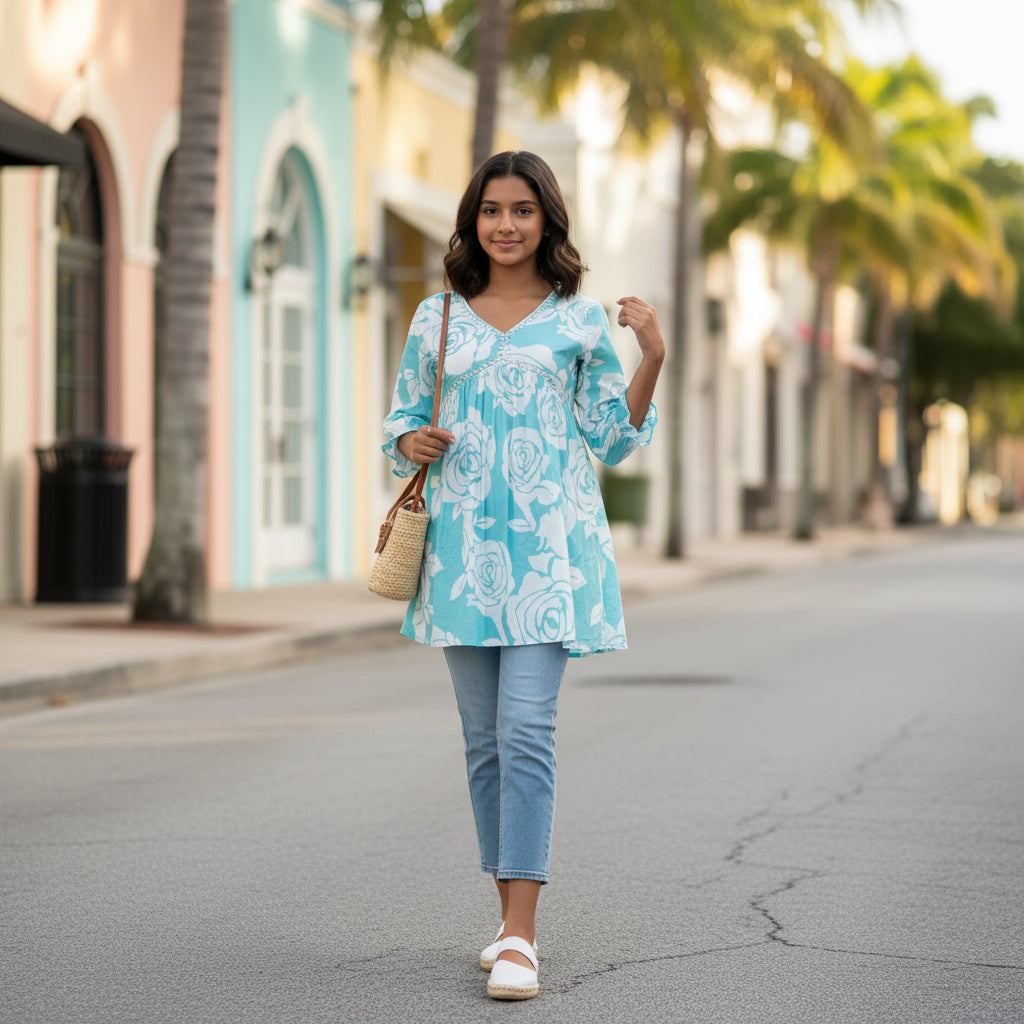 Cotton Flared Tunic V-neck Summer Wear