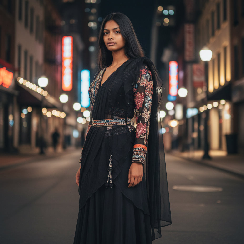 Crepe Draped Lehenga with Multi-color Threadwork