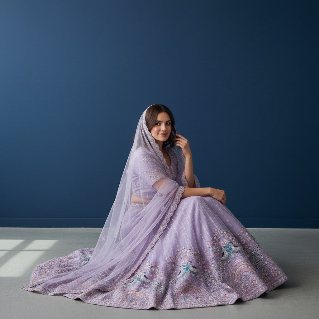 Lilac Organza Net Embroidered Lehenga Choli with Dupatta