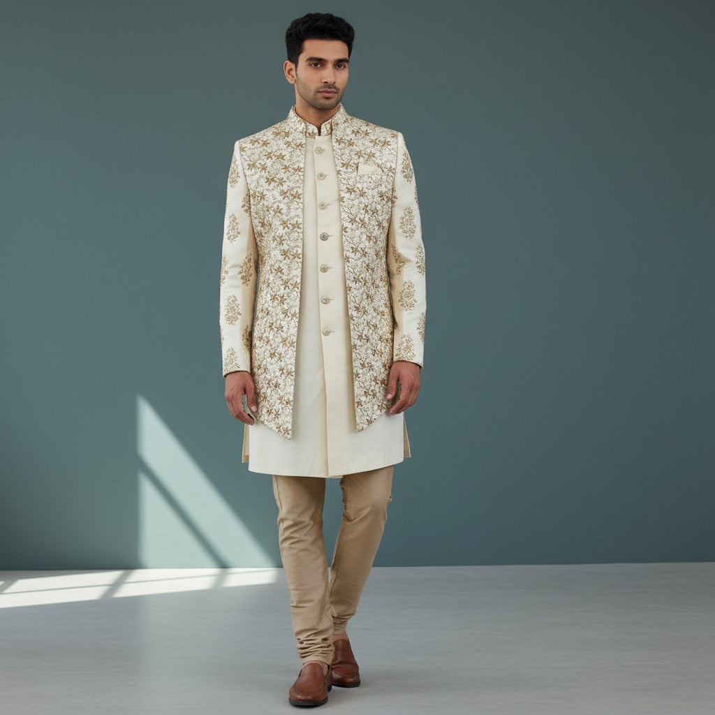 A Cream Colored Self Design Sherwani with Gold Embroidery