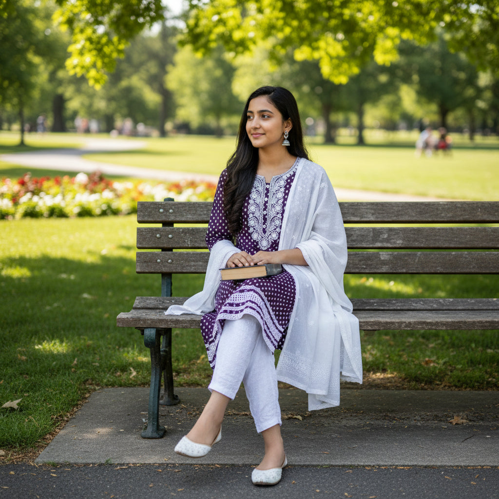 Purple Bandhani Print Cotton Kurta with Chikankari Embroidery and Lace Borders