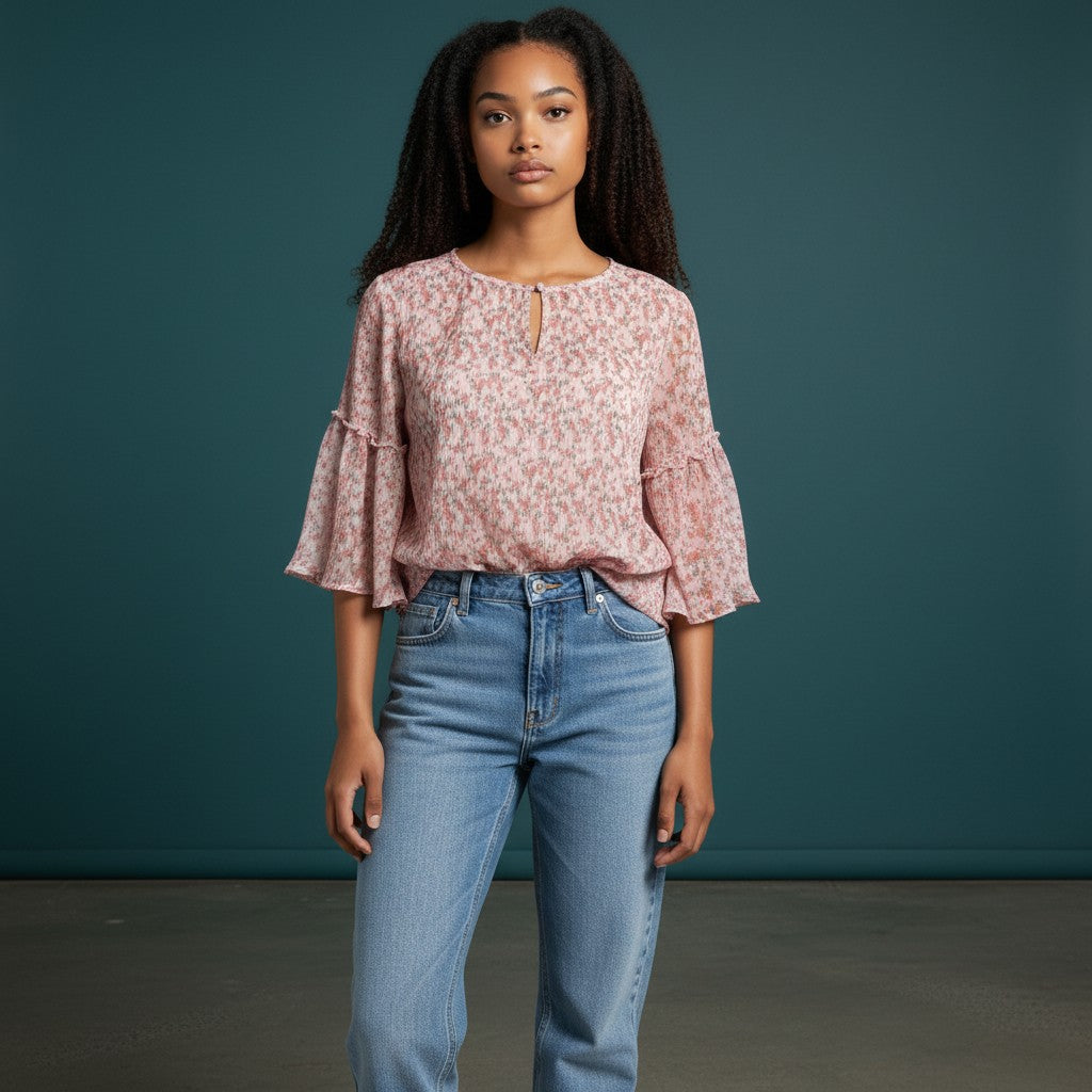 Crinkled Floral Print Top