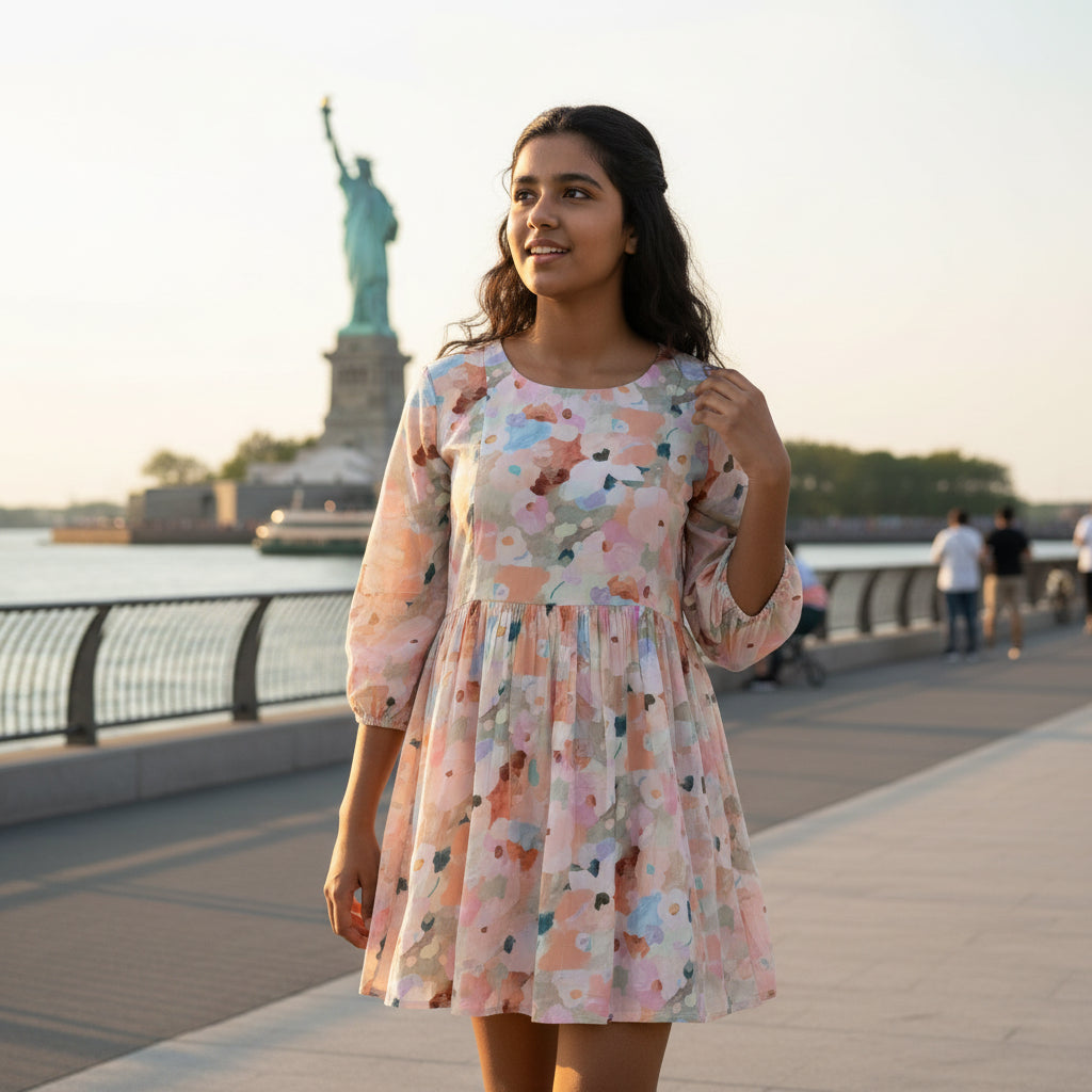 3/4 Sleeve Midi Dress with Romantic Blurred Floral Watercolor Print and Gathered Waist