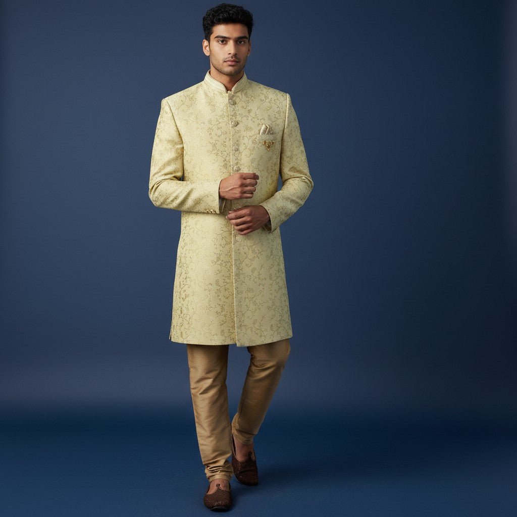 A Yellow Colored Self Design Sherwani