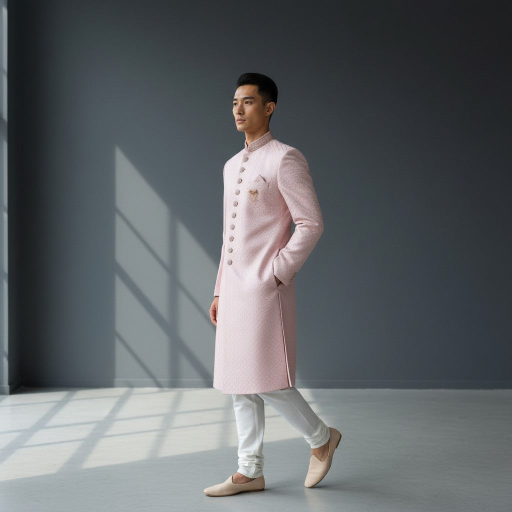 Pink Embroidered Men's Sherwani - Traditional Ethnic Kurta Set