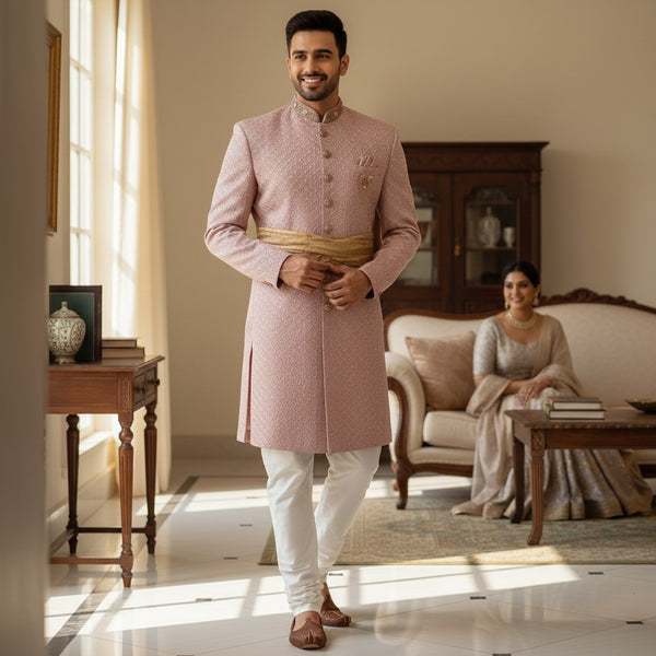 Light Pink Embroidered Sherwani for Men