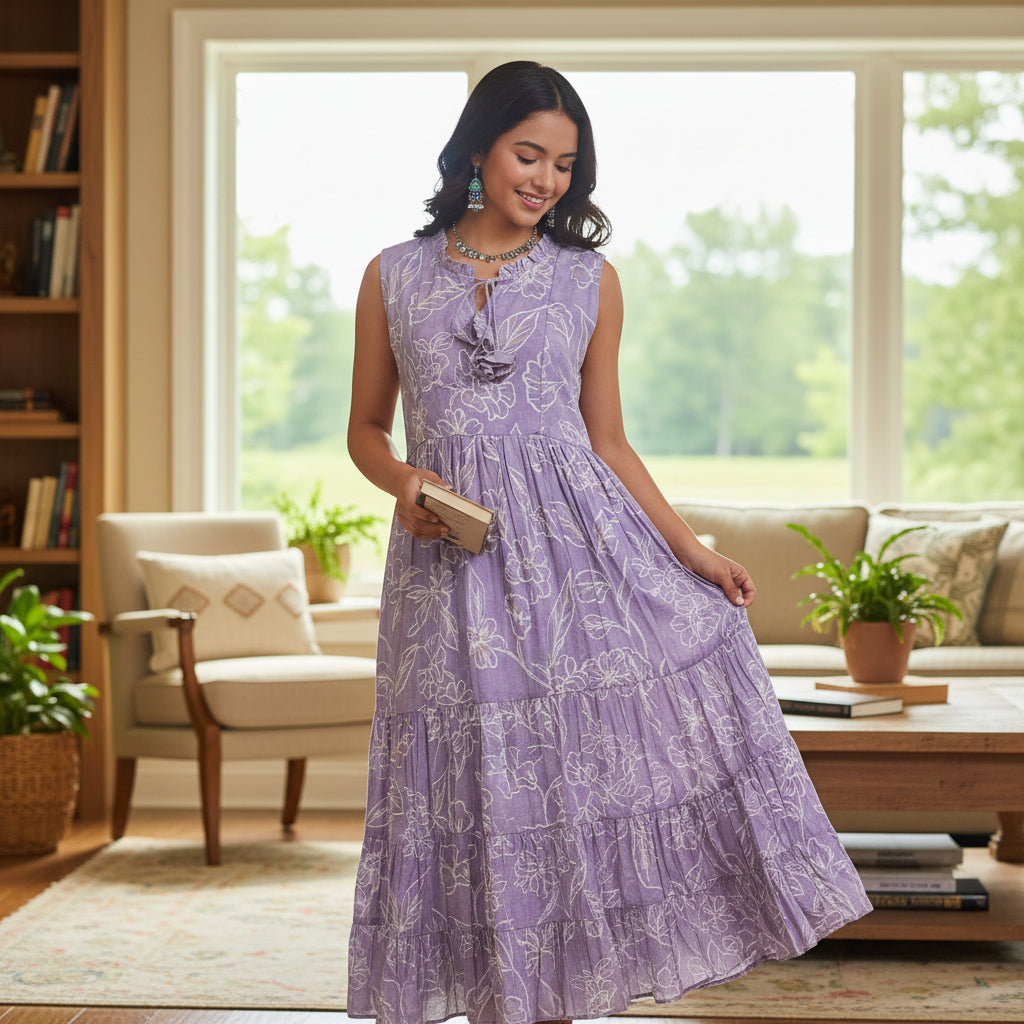 Sleeveless Tiered Maxi Dress with Floral Outlines - Lavender