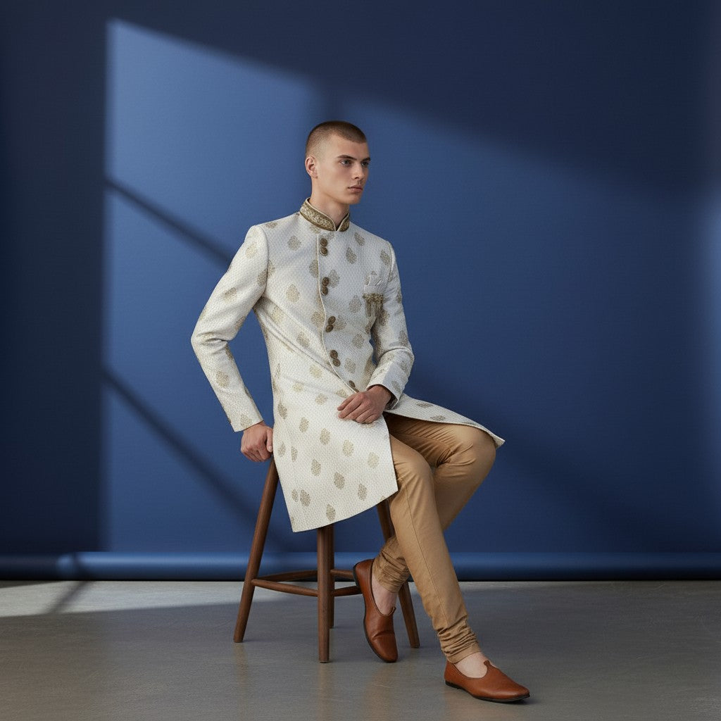 A Off White Colored Self Design Sherwani