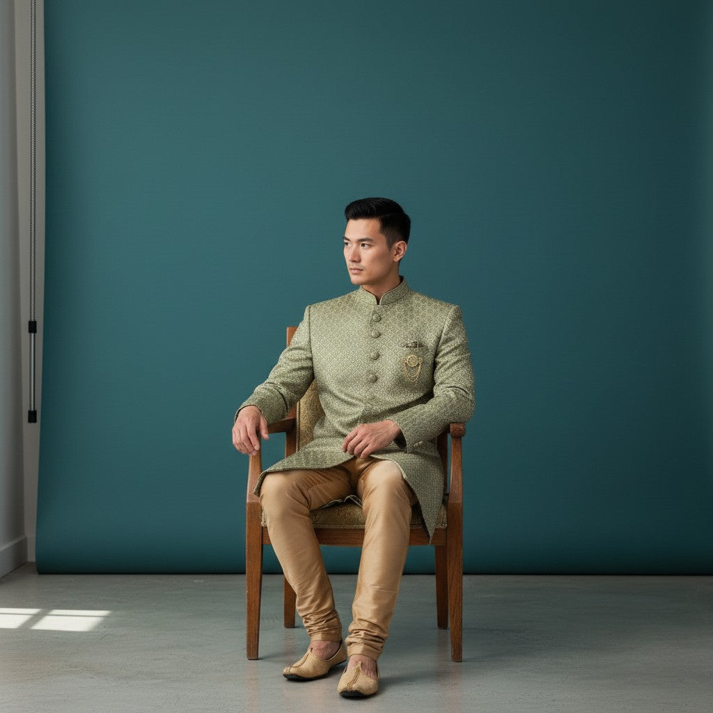 Green Embroidered Sherwani Kurta Set for Men