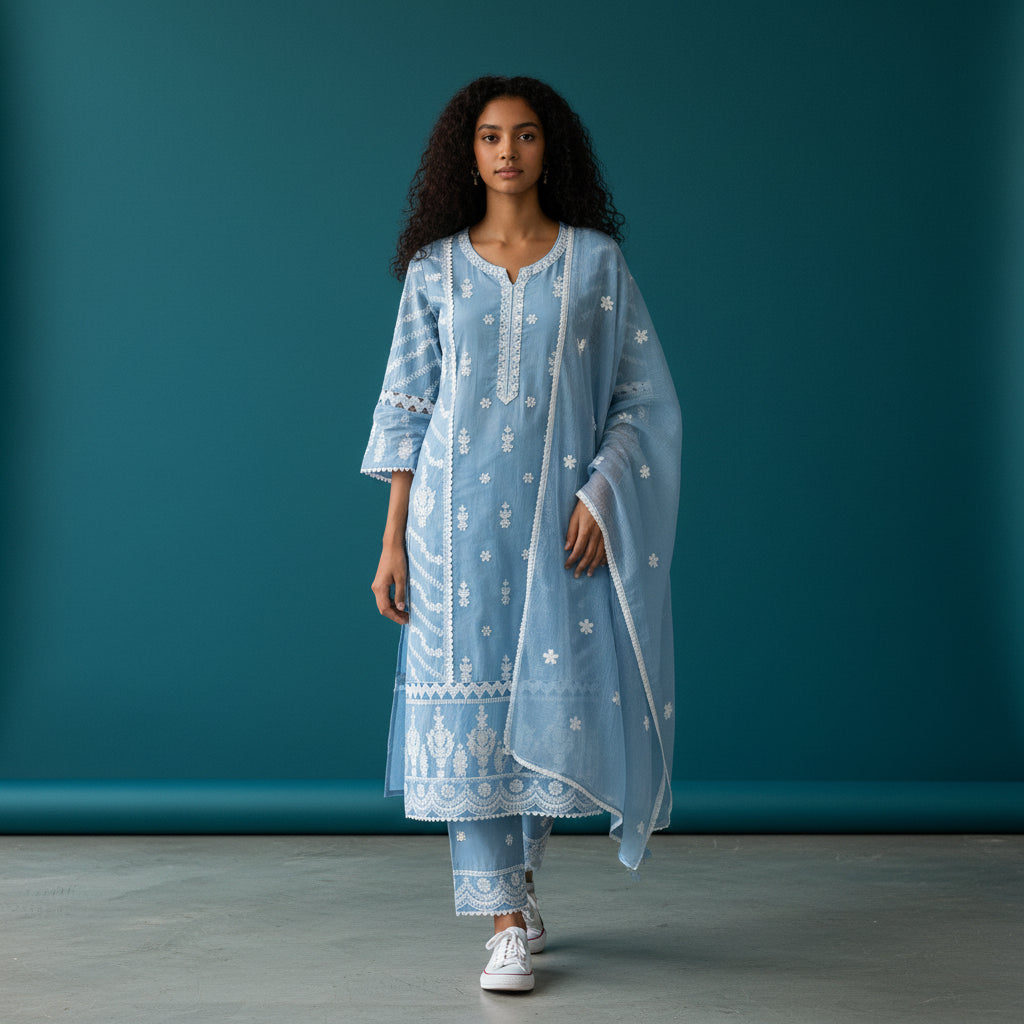 White Chikankari Cotton Lays on Sleeves Kurti Set