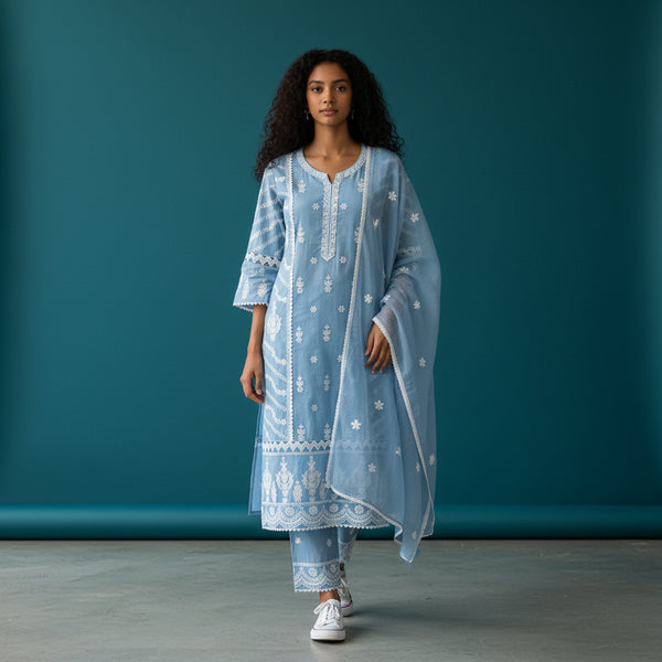 White Chikankari Cotton Lays on Sleeves Kurti Set