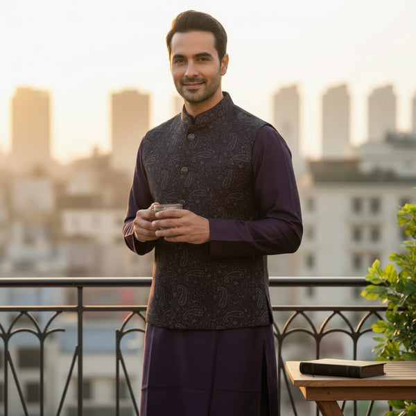 Men's Deep Purple Kurta Set with Waistcoat (3 Piece)
