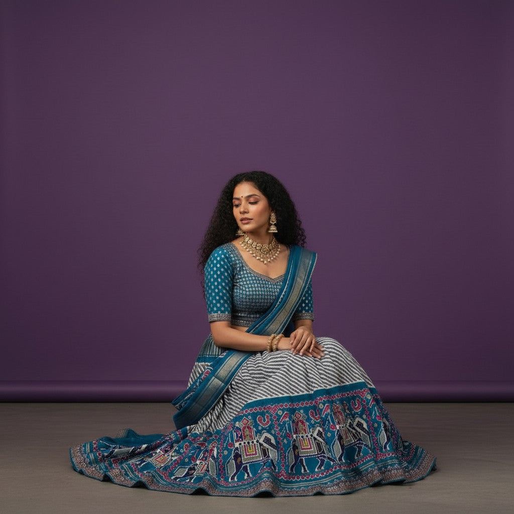 Contemporary Patola-Style Lehenga with Chevron Pattern and Elephant-Peacock Border