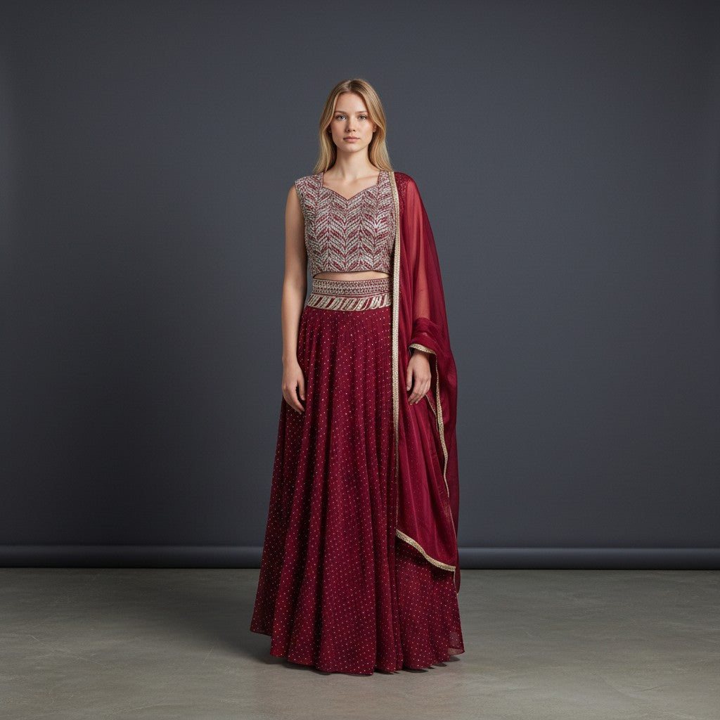 Elegant Maroon Lehenga with Silver Sequin Blouse and Dotted Skirt