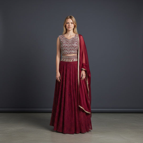 Elegant Maroon Lehenga with Silver Sequin Blouse and Dotted Skirt