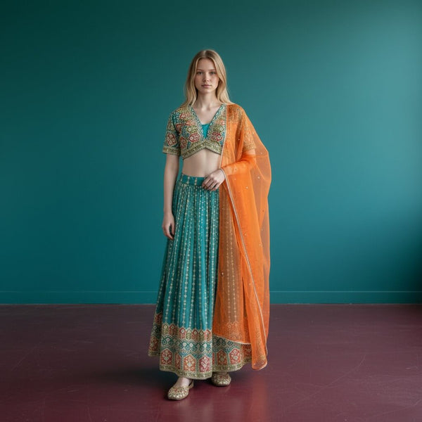 Teal Blue Lehenga with Vertical Embroidery & Orange Dupatta
