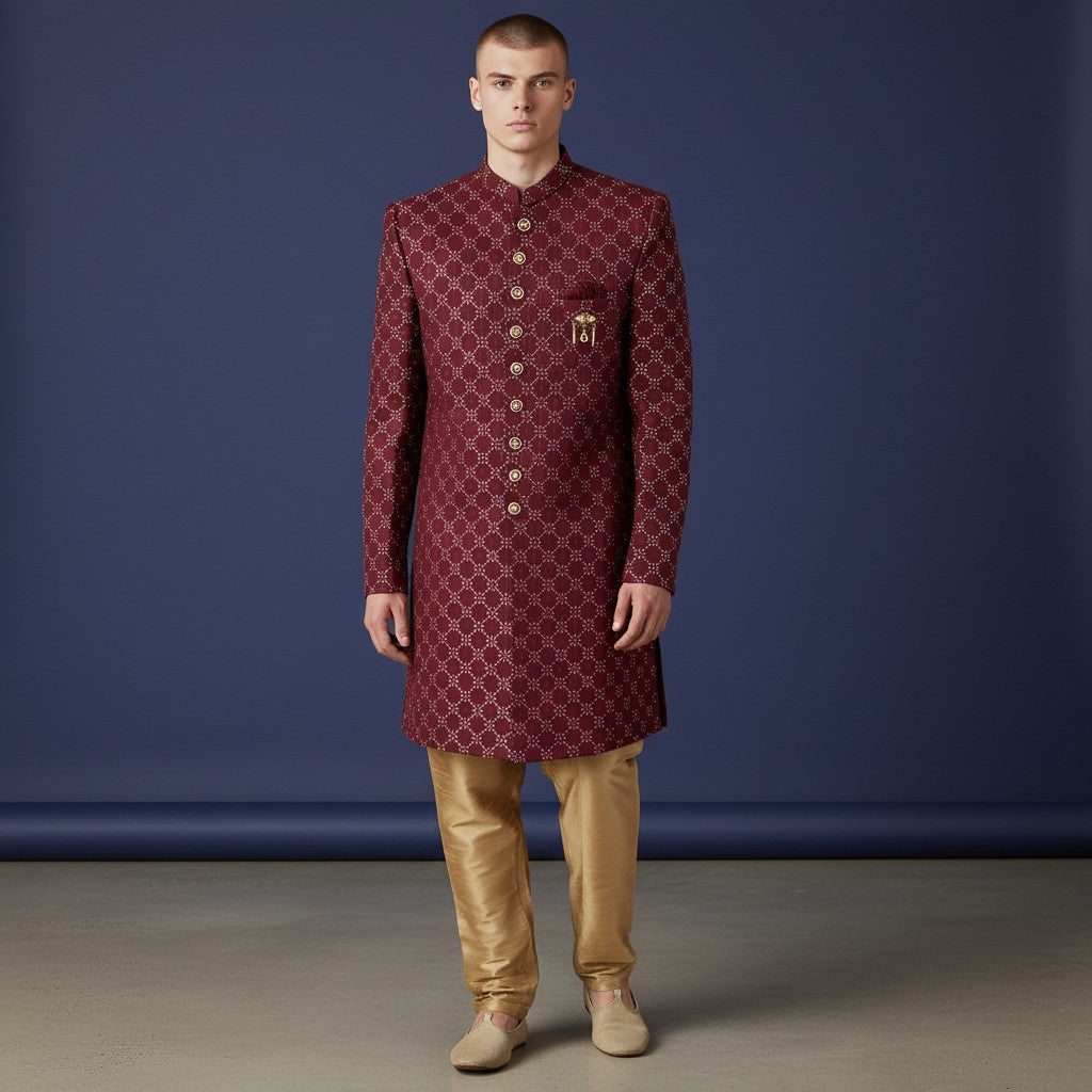 Maroon Embroidered Sherwani for Men