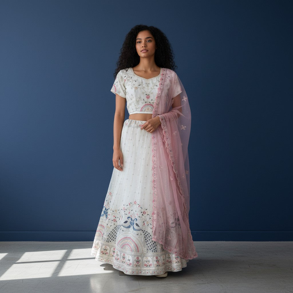 Elegant Off-White Lehenga with Peacock Motifs and Pink Net Dupatta