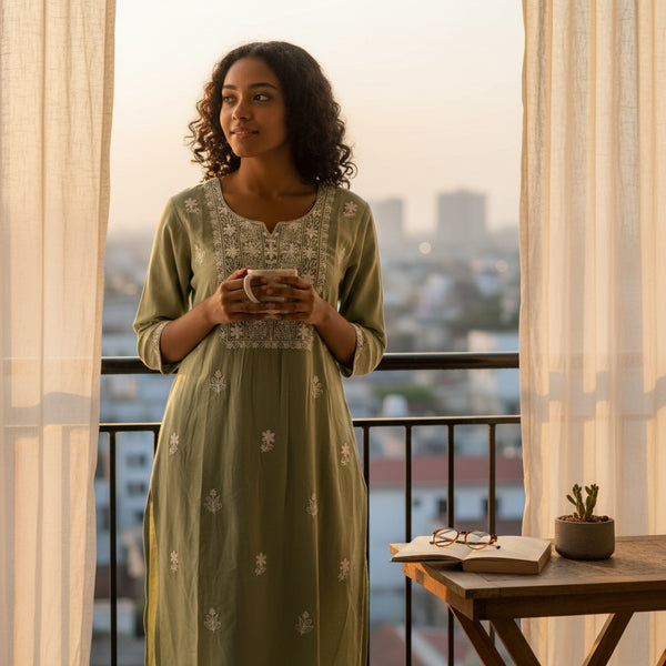 Sage Green Straight-Cut Kurta with White Chikankari Embroidery