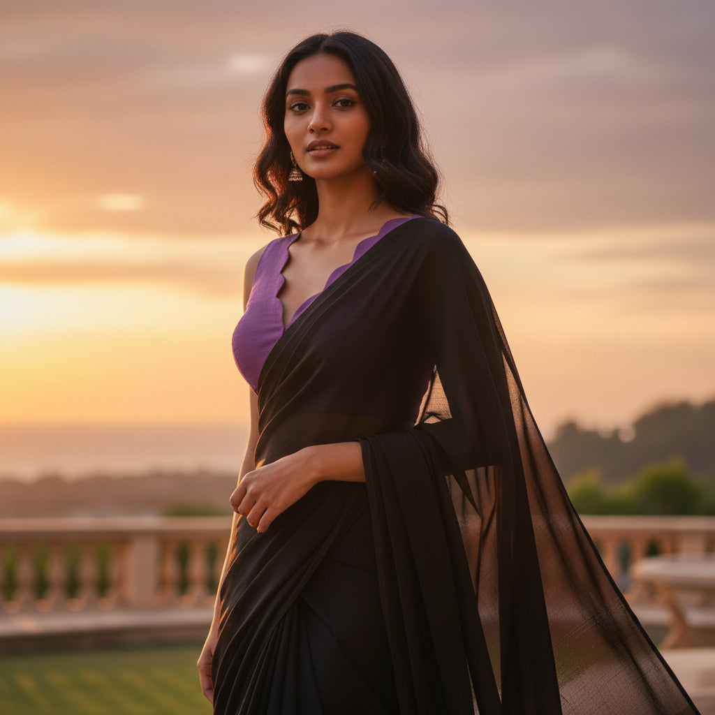 Raw Silk Scalloped Neckline Blouse