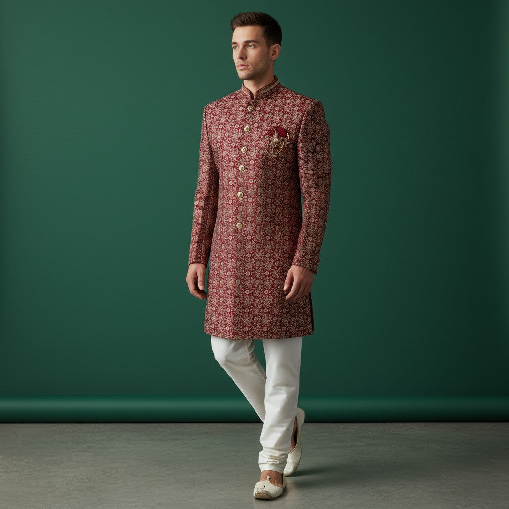A Maroon colored Embroidered Sherwani