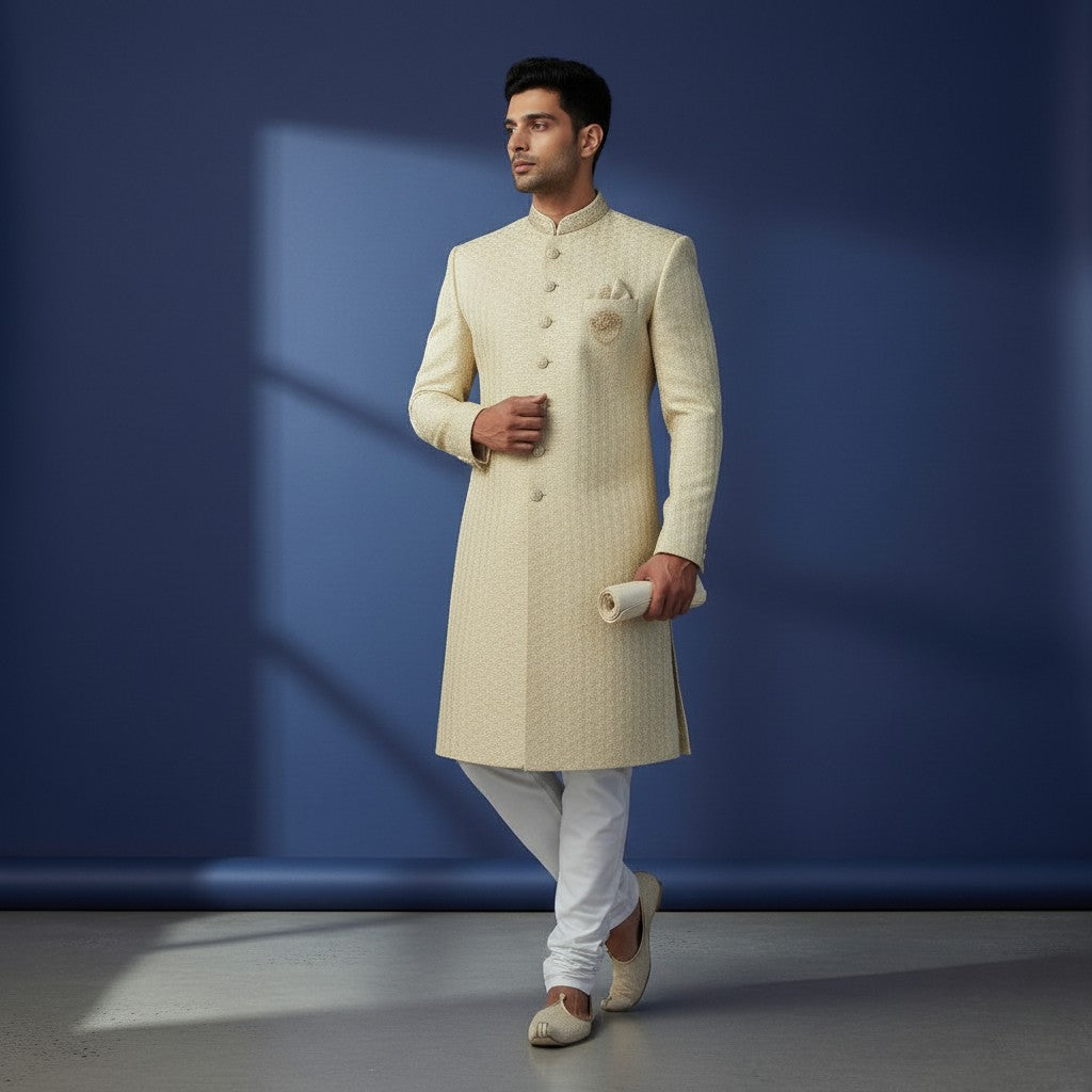 A Light Yellow colored Embroidered Sherwani