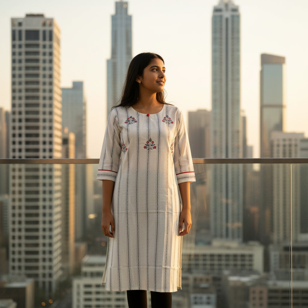 Off-White & Red Striped Straight Kurta with Floral Embroidery