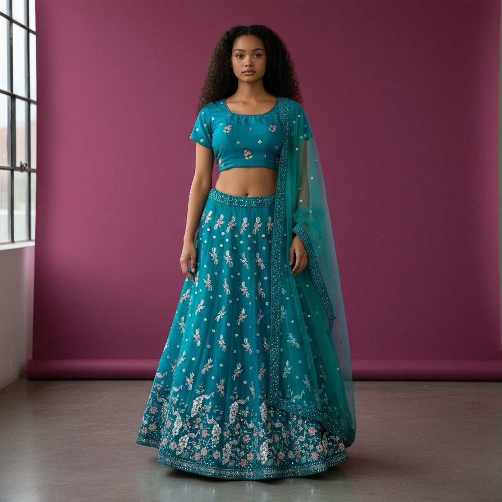 Vibrant Teal Floral & Peacock Motif Lehenga with Mirror Border & Tassels