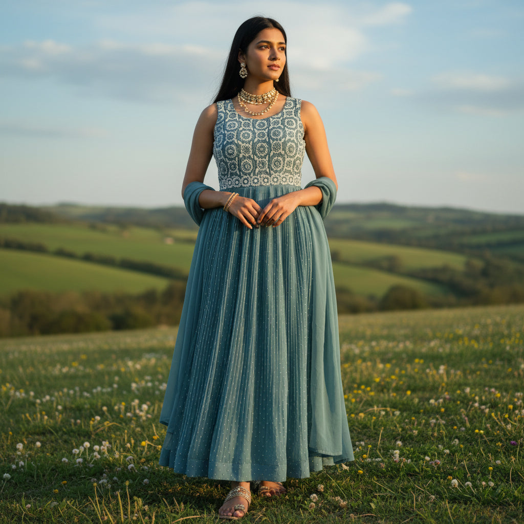 Pleated Floor-Length Gown (Frock) with Floral Embroidered Bodice
