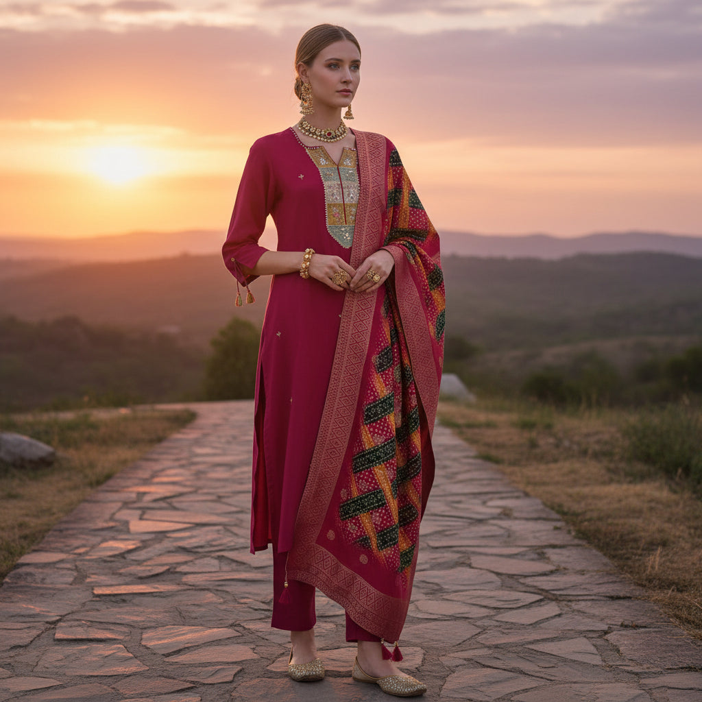 Silk Blend Kurta Set with Bandhani Dupatta