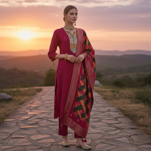 Silk Blend Kurta Set with Bandhani Dupatta
