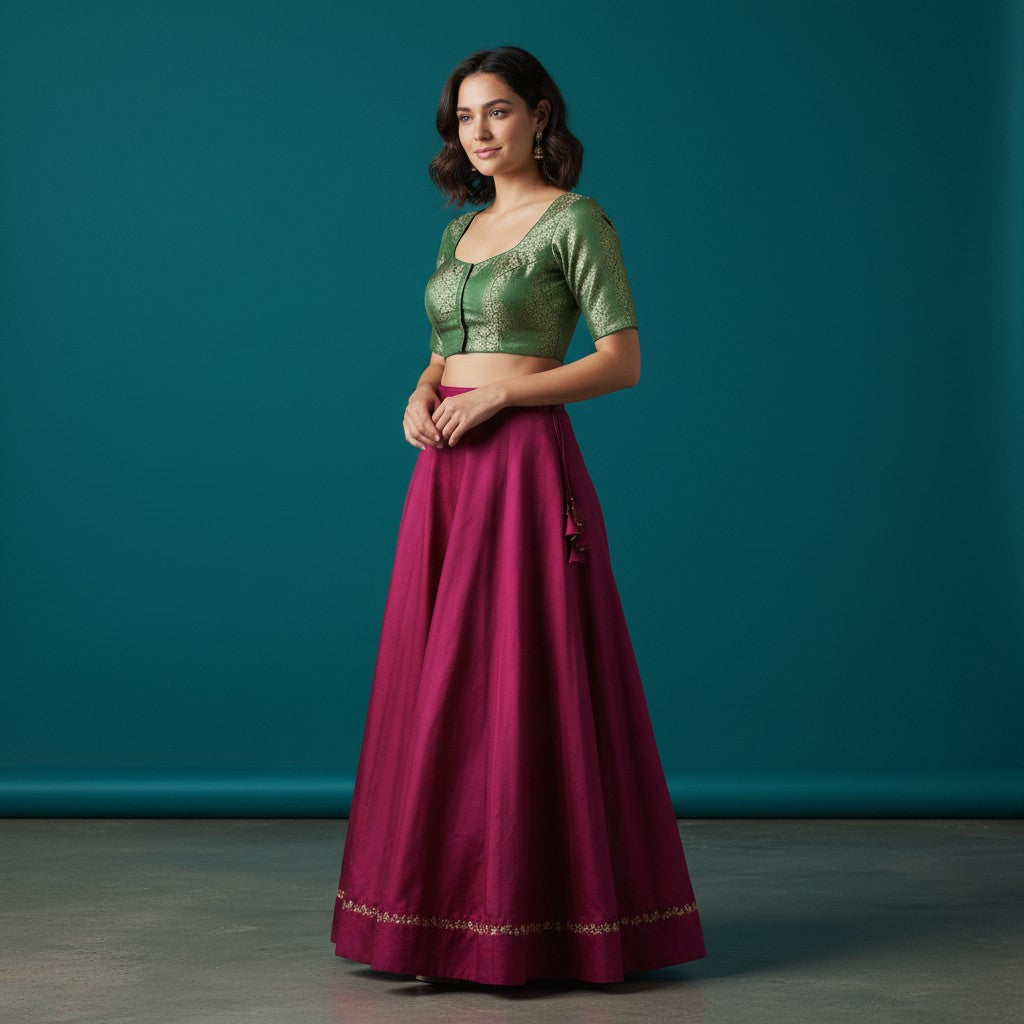 Women's Brocade Saree Blouse with Floral Zari Work and Back Tie-up