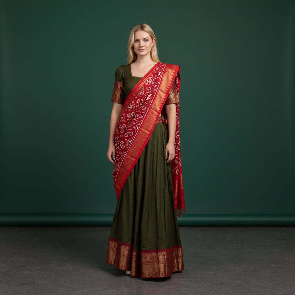 Silk Lehenga with Ikkat Duppata
