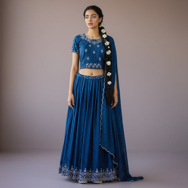 Deep Teal Blue Georgette Lehenga with Silver Sequin Butti Work and Scalloped Border