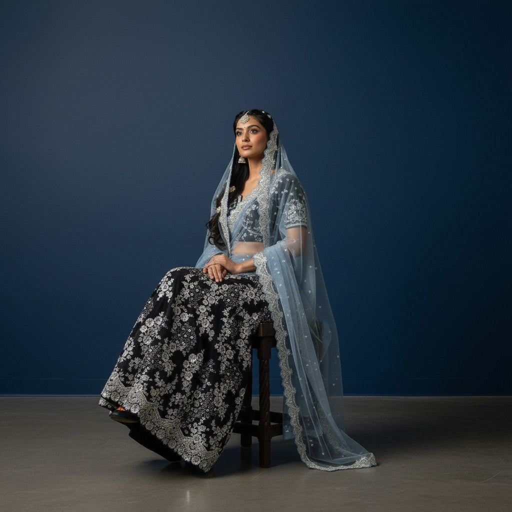 Black & Silver Embroidered Velvet Lehenga with Blue Choli and Dupatta