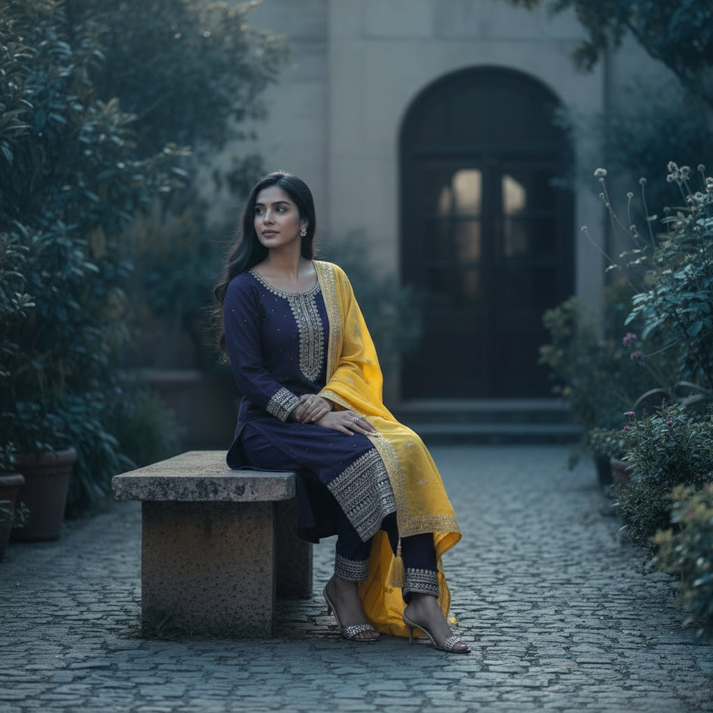 Chanderi Blend Kurta Set Short Kali Panels