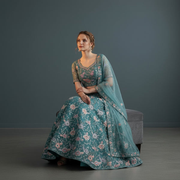 Seafoam Green Floral Embroidered Lehenga Choli Set with Net Dupatta