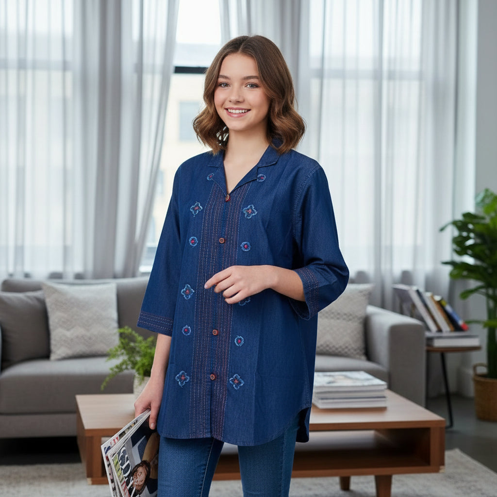 Indigo Blue Denim Tunic with Floral Embroidery