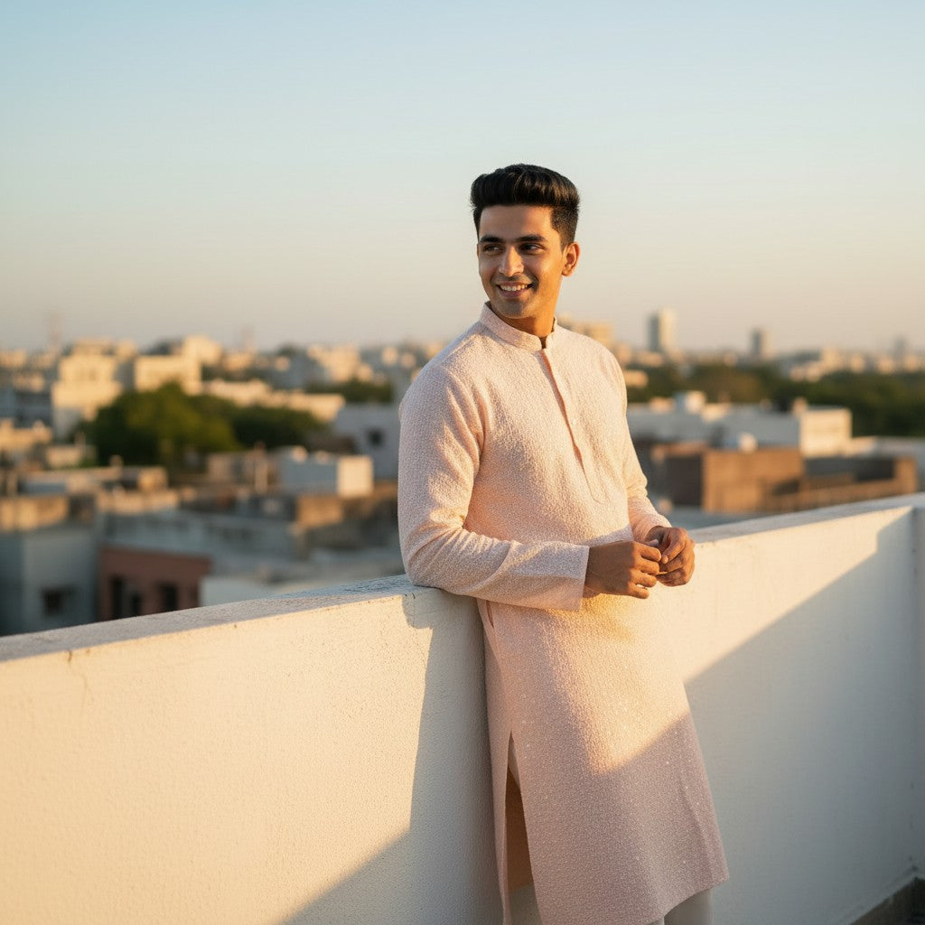 Chikankari Embroidered Sequinned Kurta Set - Peach