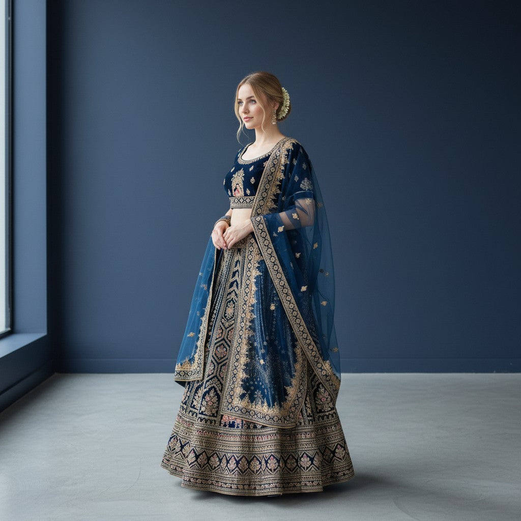 Heavy Bridal-Style Navy Blue Lehenga with Gold Zardosi Work