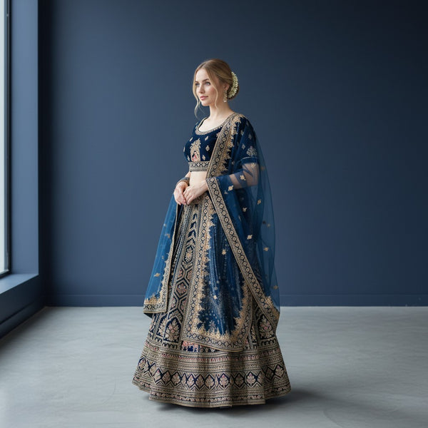 Heavy Bridal-Style Navy Blue Lehenga with Gold Zardosi Work