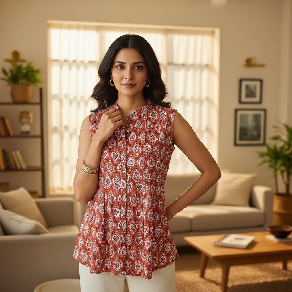 Cotton Sleeveless Tunic Button Up